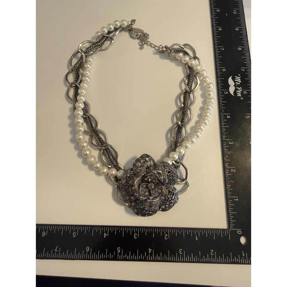 NY & Co Silver Tone Multi Strand Faux Pearl Rhinestone Flower Statement Necklace